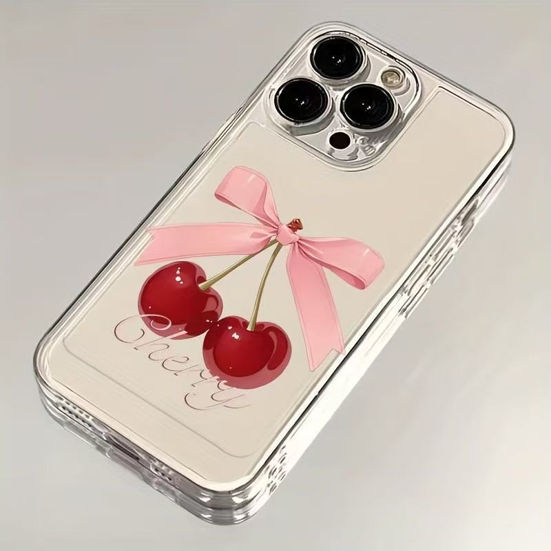2つのチェリー柄が付いた、Apple 17 Pro Max、iPhone 16、透明、15、欧米風、14、フルカバー、13対応の耐衝撃スマホケース|undefined