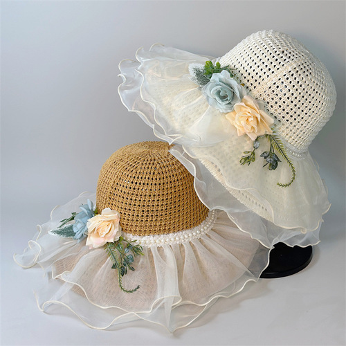 New French lace pearl flower fisherman hat for women, summer foldable sunshade travel vacation sun protection hat
