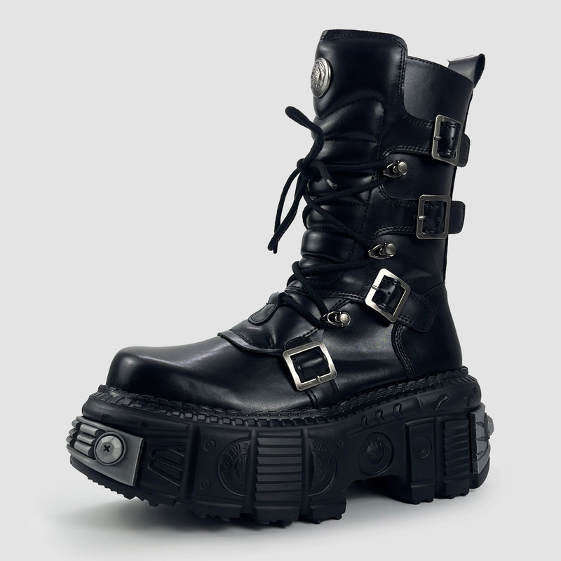 2026 Spring New Style Dark Punk Metal Tank Thick-Soled Lace-Up Mid-Calf Boots Gothic Style Martin Boots Leather Boots 2026 Spring New Style Dark Punk Metal Tank Thick-Soled Lace-Up Mid-Calf Boots Gothic Style Martin Boots Leather Boots