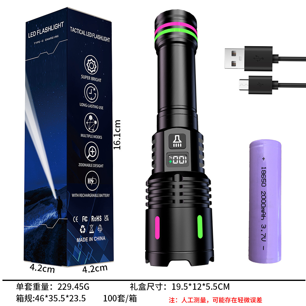 Linterna táctica recargable de larga duración luz fuerte zoom largo alcance para exteriores y emergencias