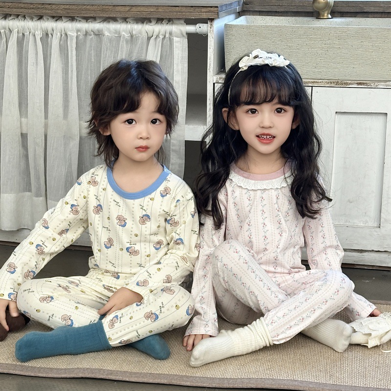 New Children's Autumn Clothes and Pants 10A Antibacterial Baby Pure Cotton Set Boys and Girls Seamless Lycra Pajamas Loungewear