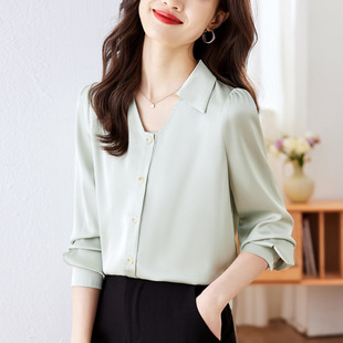 in stock Star Same-style Satin Shirt Women's Design Sense Niche V-neck Commuter Professional Shirt