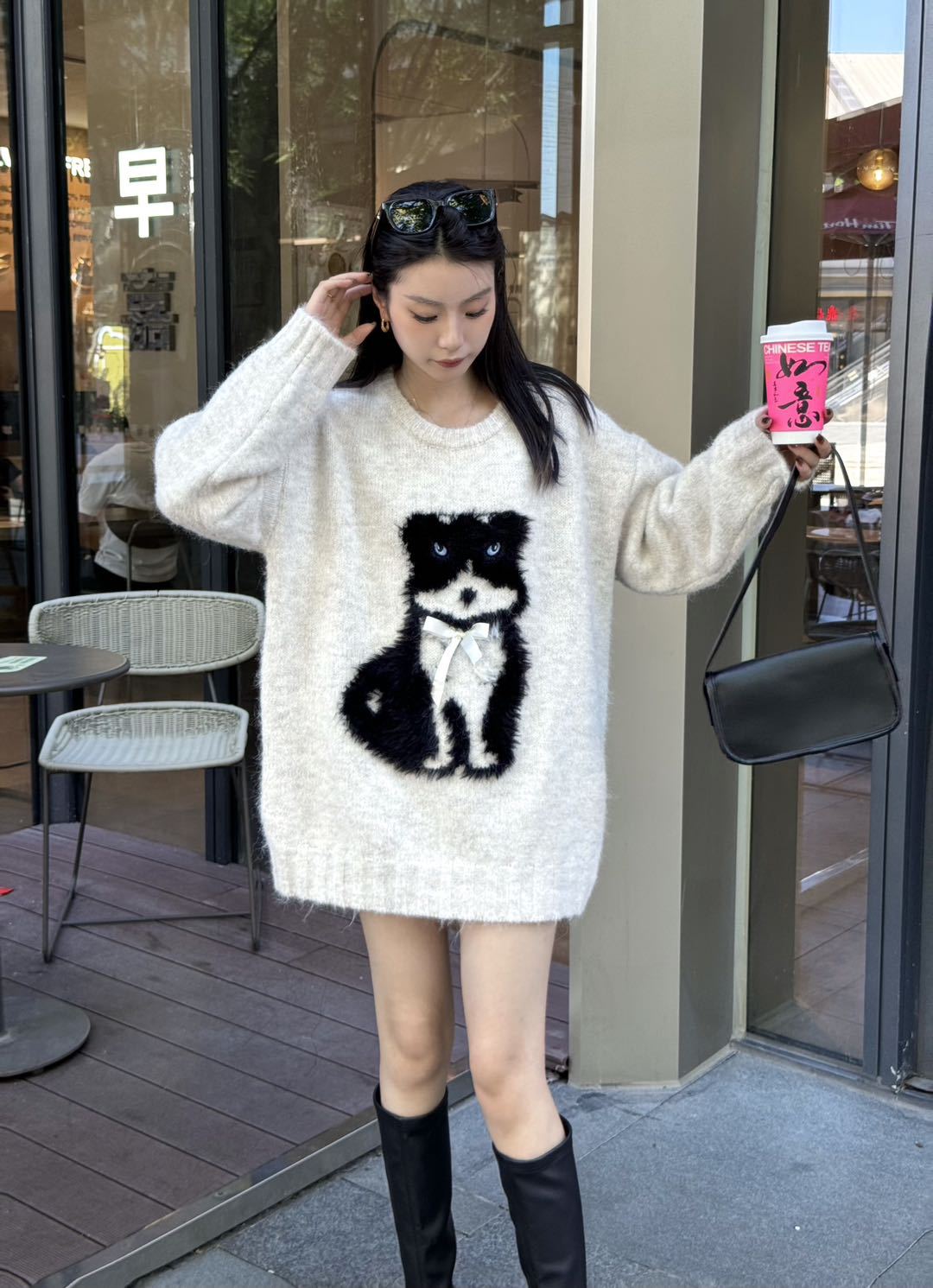 24 invierno Puyuan 2024 nuevo gatito lindo Jacquard peluche suéter de manga larga mujer otoño invierno