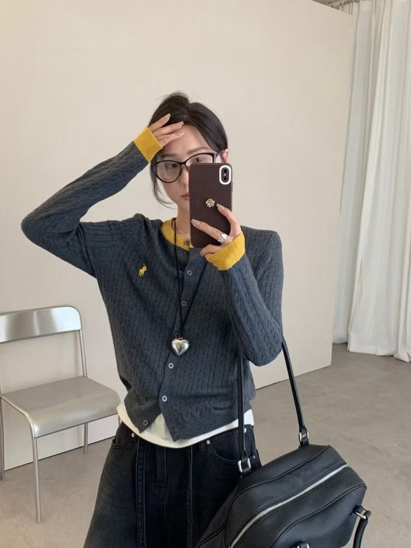 春秋新款假两件针织开衫女装圆领刺绣扭花小香风外套拼色毛衣上衣|undefined