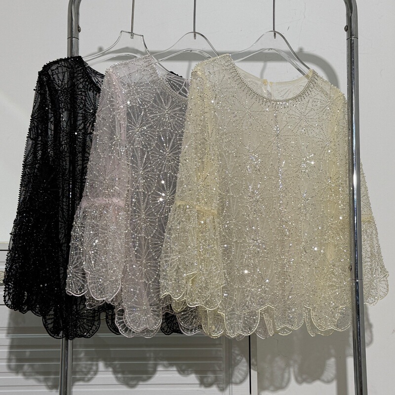 Fashionable Yani Heavy-Duty Sequined Lace Shirt for Women, Round Neck, Long Sleeves, Versatile, Loose-Fitting, Dreamy Style, Pearl See-Through Top