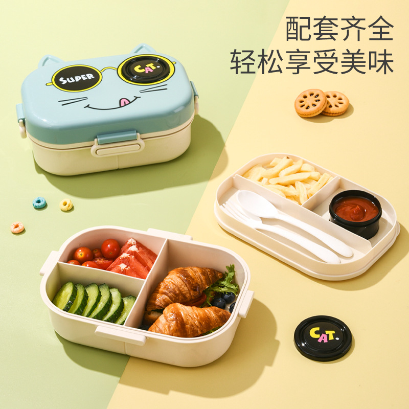 Caja de almuerzo para niños de dibujos animados gatos sellado con taza de salsa a prueba de fugas para estudiantes calentamiento de microondas de doble capa caja de almuerzo dividida