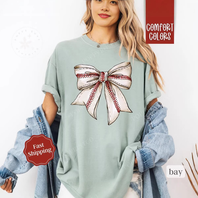 Specially Designed for Cross-Border Trade, Pure Cotton Baseball Stitching Bowknot Personalized Style T-Shirt, Round Neck Pure Cotton Streetwear Top for Women