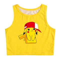 2023新款 原宿風 皮卡丘可愛表情3D印花漸變露臍露腰修身彈力背心