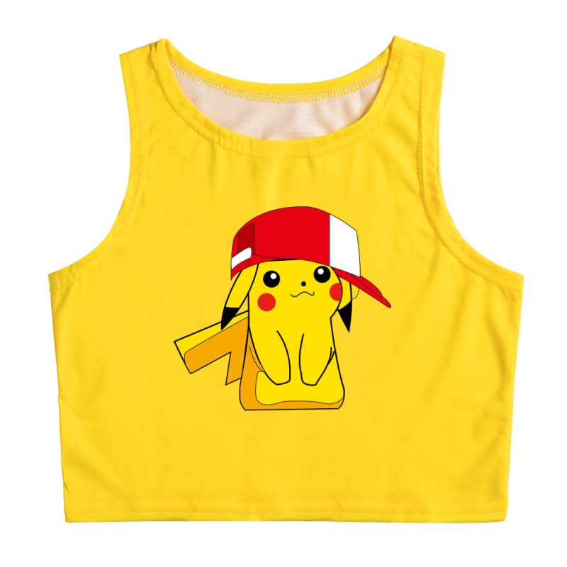 2023 New Harajuku-style Pikachu Cute Expression 3D Print Gradient Navel-exposed Waist Slim-fit Elastic Vest