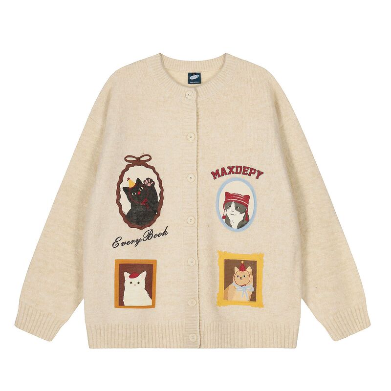 [New Hot Style for Autumn and Winter 2025] Cat Photo Frame Cardigan Sweater Loose Korean Style Cute Style Warm Jacket for Men and Women