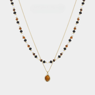 Maillard Tiger Eye Stone Beaded Stacked Necklace Women's Accessible Luxury Niche Sweater Chain Gold High-End Retro Autumn and Winter Accessories