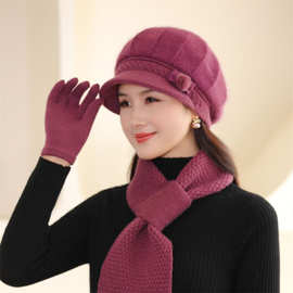 女士冬季加绒加厚防寒保暖针织毛线帽中老年兔毛妈妈帽子围巾手套