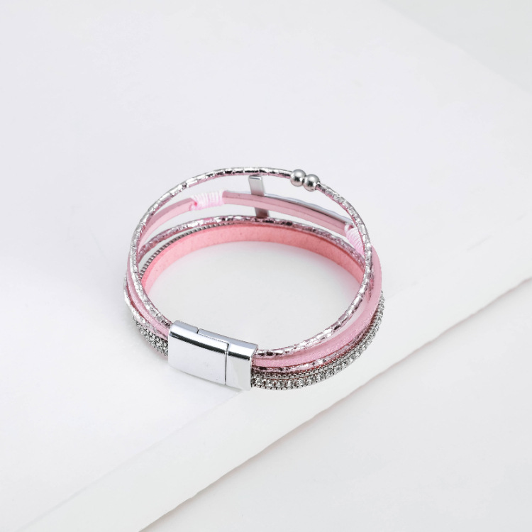 Fashion Cross Fine Diamond Leather Magnetic Buckle Multicolor Bracelet display picture 23