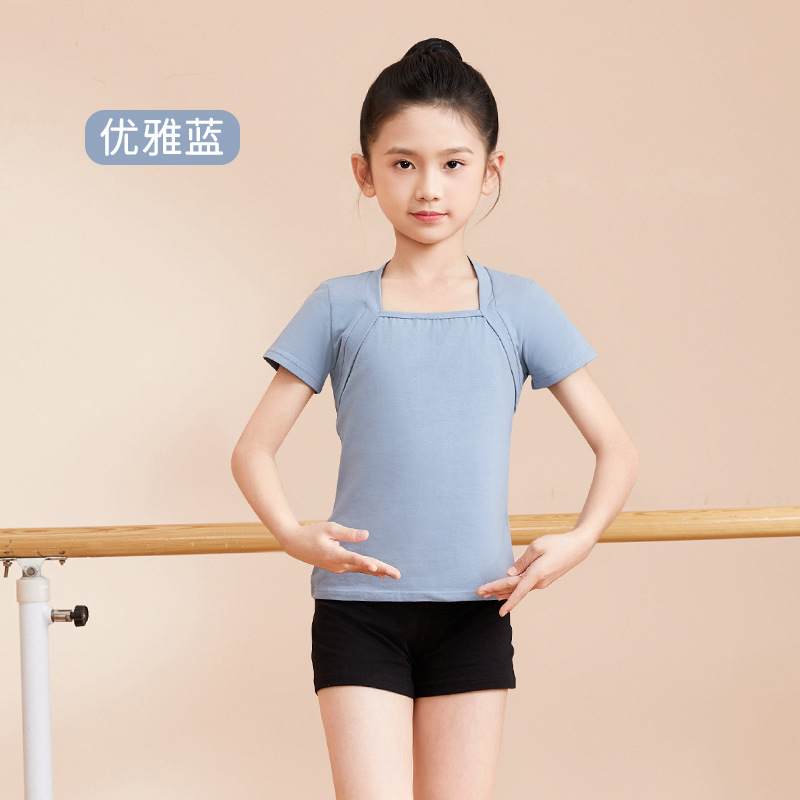 Ropa de baile para niños Ropa de práctica de dos piezas para niñas de verano Cuello cuadrado de algodón de manga corta Top de dos piezas falso Ropa de baile chino para niños