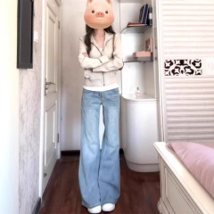 トール丈のアメリカンレトロライトブルージーンズ、女性用、ハイウエスト、スリムフィット、マイクロフレアフロアレングスパンツ、トレンディ