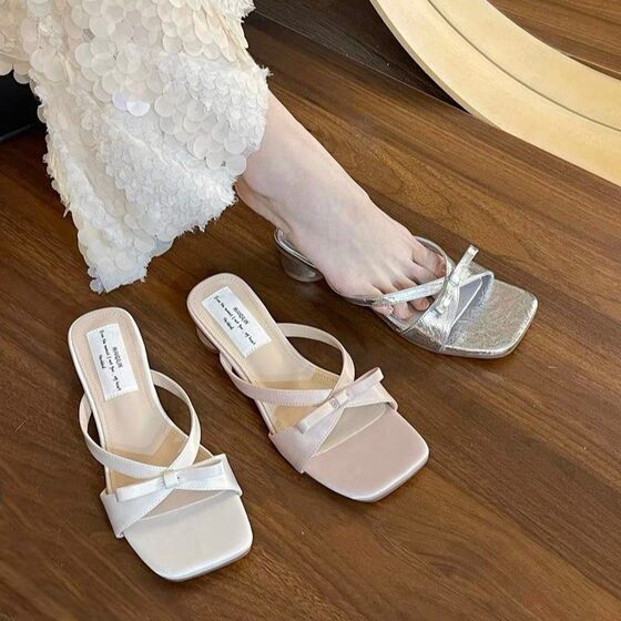 Spring and Autumn 2025 New Style Chunky Heel French Sandals and Slippers for Women's Outer Wear Elegant Evening Dress Thin Strap Sandals