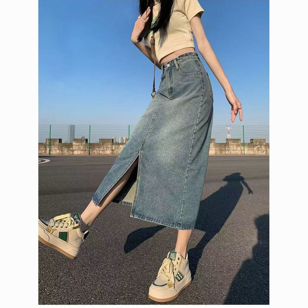 喇叭春秋高腰开叉显瘦牛仔裤新款小个子牛仔半身裙网红