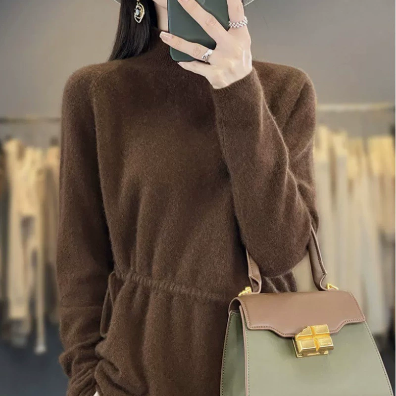 Цветной длинный бархатный вязаный свитер, рубашка, базовый свитер с длинным рукавом, высокий воротник