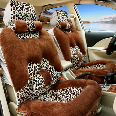Winter Plush Car Cushion Car | Seat cushion, seat cover - leopard-print-brown-five-seater-full-car-complete-setcomes-with-steering-wheel-cover