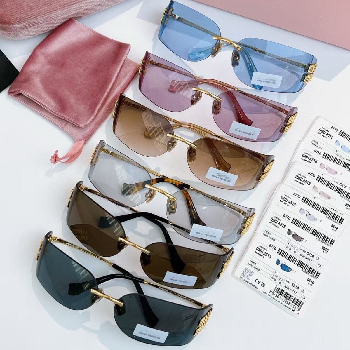 Miu New A51S Sunglasses Female Pilot Style Frameless Narrow Version One-Piece Curved Sunglasses Anti-Uv