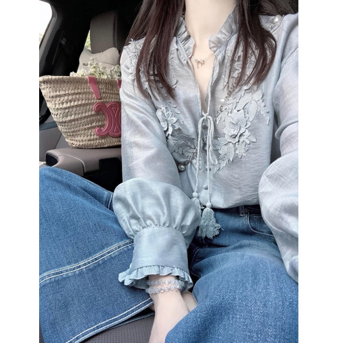 法式气质刺绣花朵设计感长袖衬衫女早秋宽松显瘦衬衣百搭上衣秋季|undefined