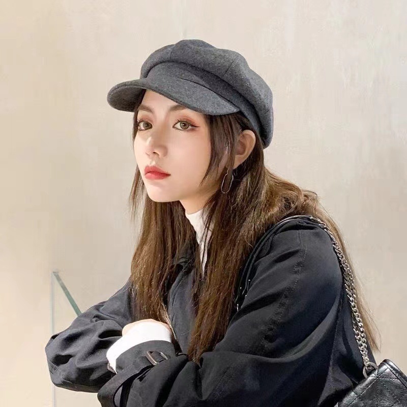 早秋新款贝雷帽女时尚百搭显脸小鸭舌帽大头围法式复古毛呢八角帽|undefined
