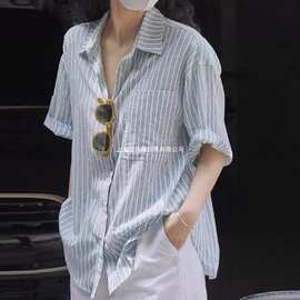 日系复古蓝色条纹棉麻短袖衬衫女夏季薄款慵懒松弛感外搭宽松上衣