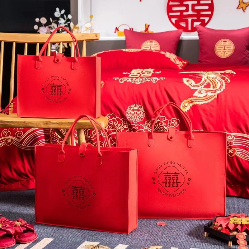 毛毡镂空双喜吾家有喜手提包新娘结婚婚庆用品四件套夏被伴手礼包|undefined