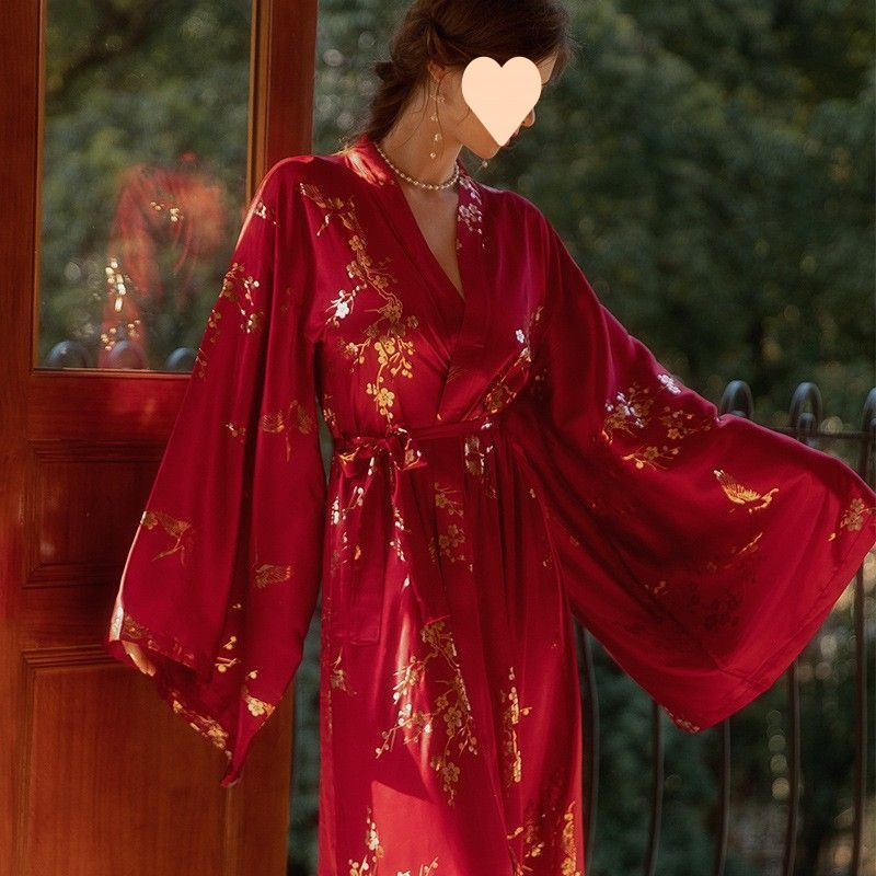 Morning Robe for Female Brides and Bridesmaids, Wedding New Chinese Style Red Crane Design, High-End Long Red Nightgown, Bathrobe, Sleepwear for Summer