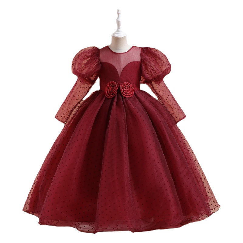 Europa y América nuevo medio y grande vestido de los niños burbuja manga larga princesa mullida gasa vestido piano rendimiento vestido de noche vestido