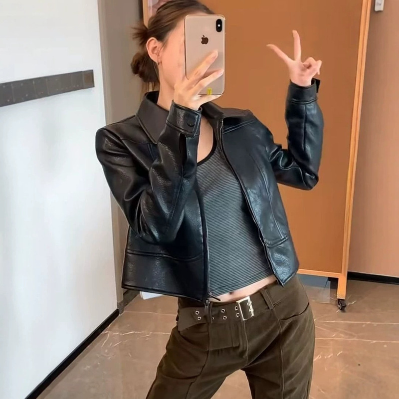 American retro style short lapel leather jacket for women, autumn slim-fit PU leather cool biker jacket