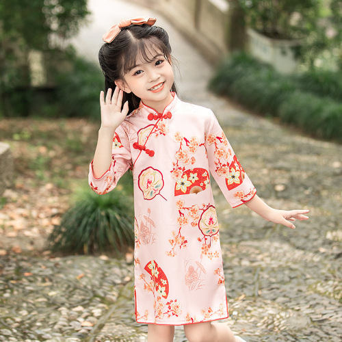 Kids baby floral traditional chinese qipao dresses girl republic of China model show cosplay tang suit collar hanfu folk costumes cheongsam dress