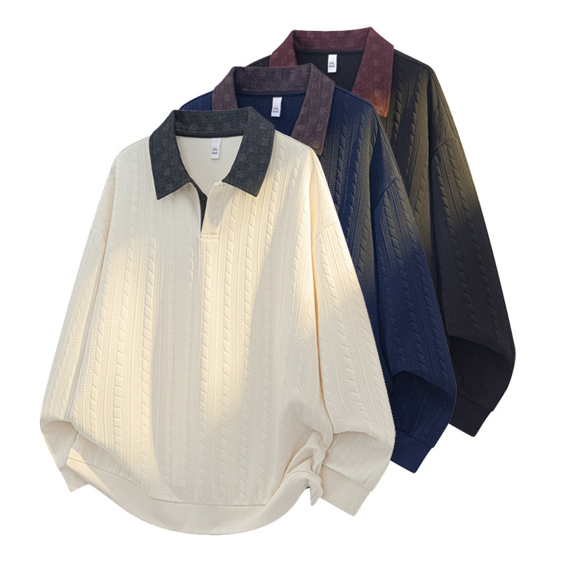 Autumn and Winter Large Size American Retro Men's Jacquard Lapel Sweatshirt Long-Sleeved Age-Reducing Shirt Casual Fake Two-Piece Top Autumn and Winter Large Size American Retro Men's Jacquard Lapel Sweatshirt Long-Sleeved Age-Reducing Shirt Casual Fake Two-Piece Top