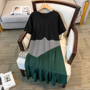 French Contrast Color Stitching Loose Plus Size dress Women's Short-sleeved Irregular Pattern Slimming A- line Skirt for Summer
