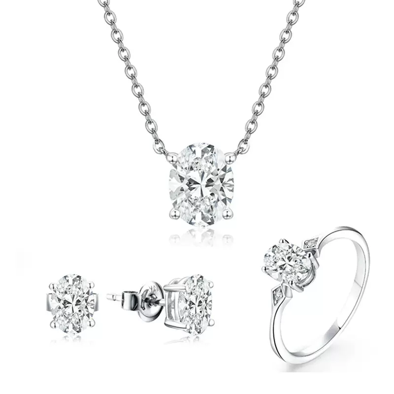 跨境热销S925银简约四爪莫桑石项链戒指耳钉 轻奢百搭首饰套装