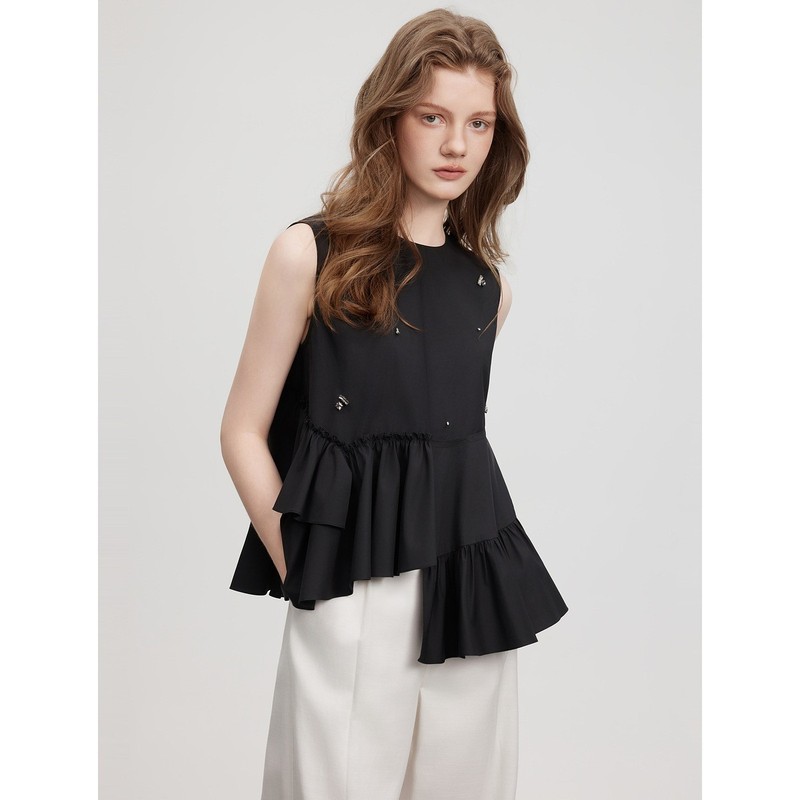 Modern Beaded Ruffled Sleeveless Shirt for Women 2025 Summer New Style Irregular Design Fashionable Shirt