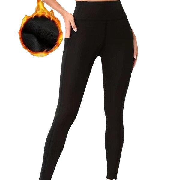 Damas piernas delgadas de otoño y invierno, pantalones de fitness, pantalones calientes de cintura alta, bolsillo apretado, pantalones de entrenamiento para correr