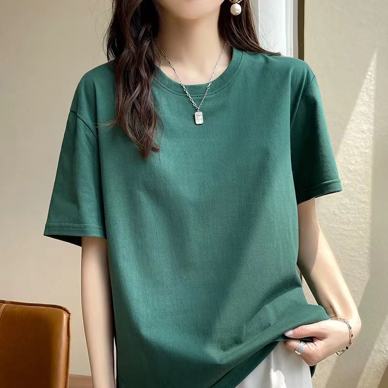 ヨーロッパ純綿 Tシャツレディース夏新疆長繊維綿半袖レディース Tシャツルーズカップルシャツ右肩ルーズラウンドネックホワイト Tシャツ|undefined