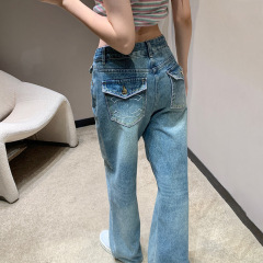 南油高端 25早秋新款小香翻盖刺绣logo进口棉高腰直筒牛仔长裤 女