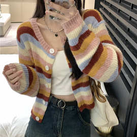 韩系彩虹条针织开衫毛衣外套女春秋季新款温柔宽松圆领短款上衣
