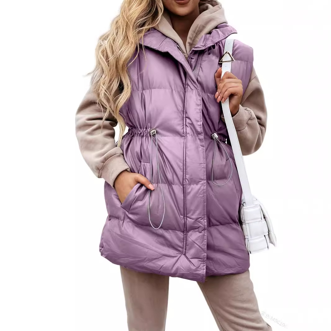 2023 europeo y americano Amazon Otoño e Invierno nueva ropa de mujer de media longitud de color sólido con cordón bolsillo suelto con cremallera chaleco acolchado de algodón