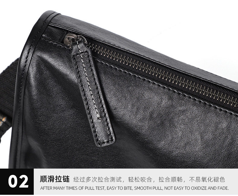 Túi đeo chéo nam da bò kiểu retro 29×11×17 cm — Màu đen da thực vật, Da cầm tay màu đen chi tiết 20