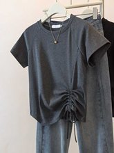 不规则正肩短袖T恤女2025夏季新款小衫大码胖mm显瘦抽绳半袖上衣