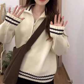 法式复古学院风撞色条纹半拉链设计感毛衣女秋冬慵懒风针织衫上衣