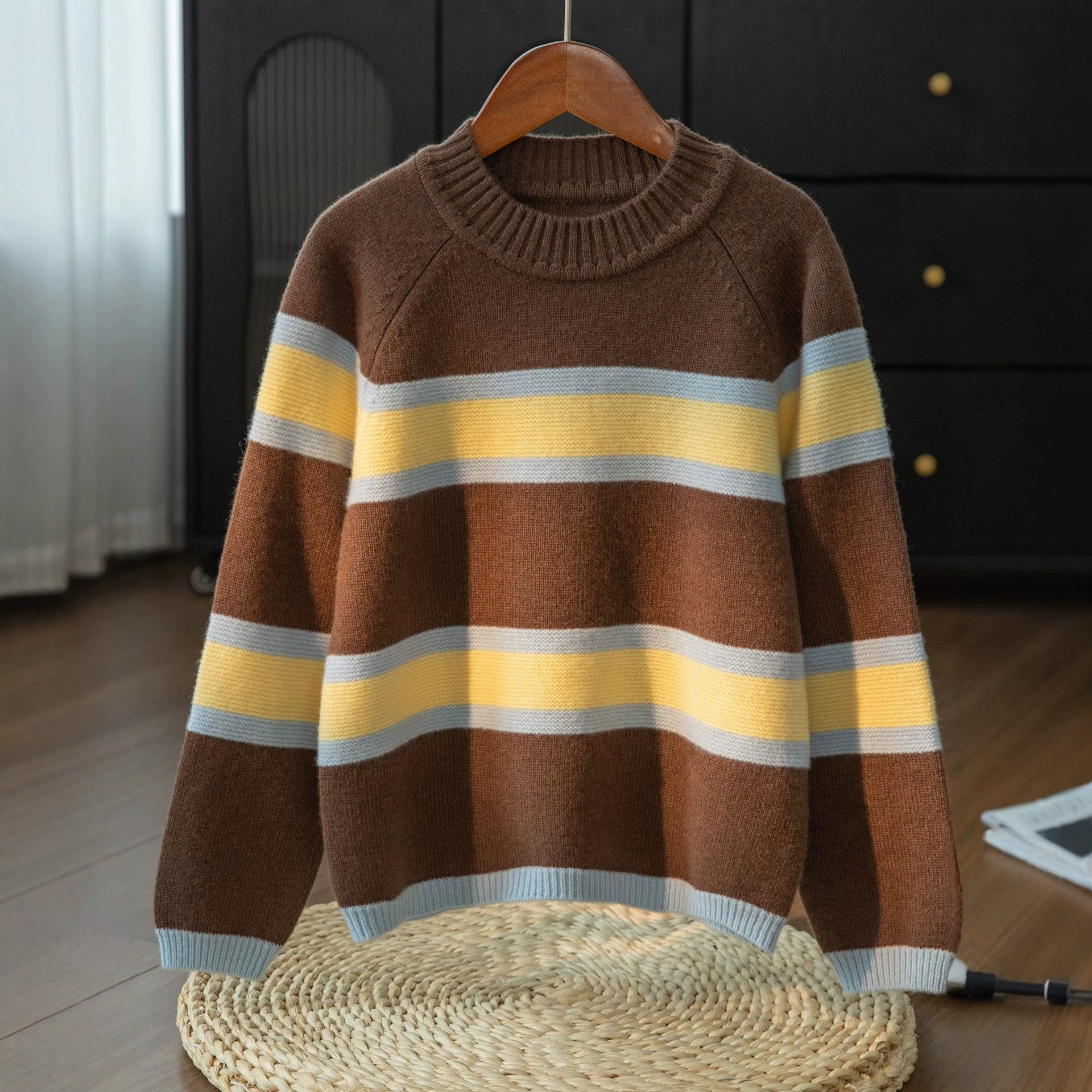 Children's winter Korean style fashionable and lazy style thick warm sweater striped color blocking loose sweater for all ages