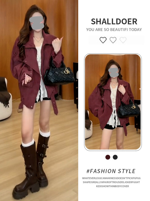 美式复古设计感拼接翻领外套女秋季新款宽松休闲百搭夹克上衣|undefined