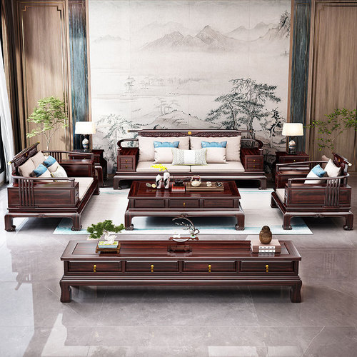 New Chinese style all solid wood ebony wood sofa winter and summer combination classical living room with carved wooden complete set of furniture