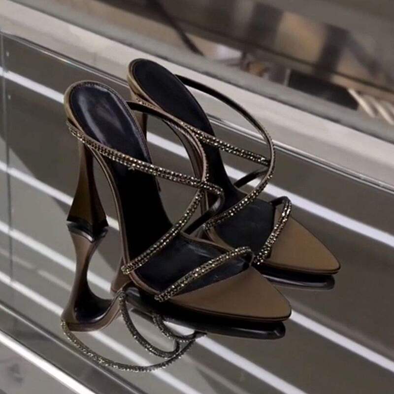 Brown Satin Rhinestone Pointed-Toe One-Strap Sandals for Women, New Summer Style, Sexy Open-Toe Mature Style High-Heeled Slippers