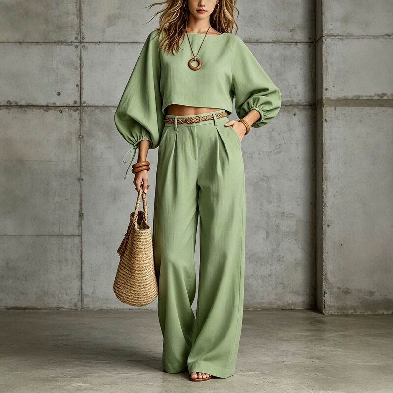 Cross-border women's outfit: loose-fitting puff-sleeve short top and high-waisted drapey wide-leg pants, two-piece set for vacation and leisure 2026