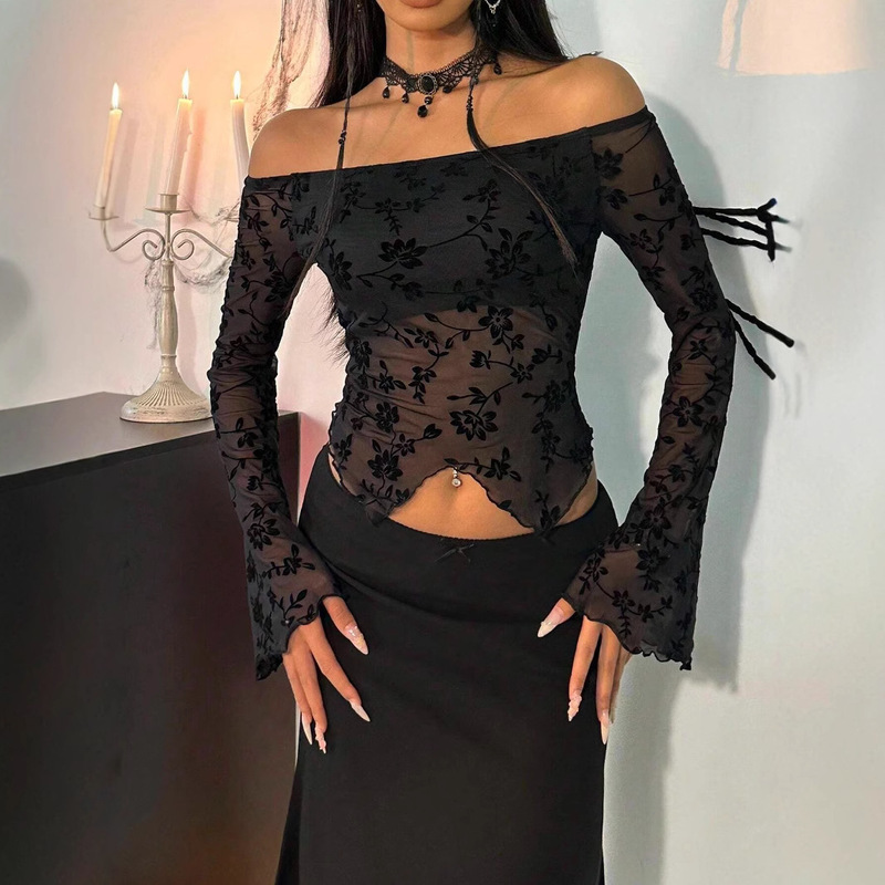European and American Cross-Border 2026 Autumn and Winter New Elegant Women's Black Floral Mesh Off-Shoulder Bell-Sleeve T-Shirt Top for Women